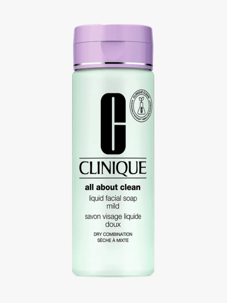 Clinique All About Clean Liquid Facial Soap Mild for Dry Combination Skin in branded component on a light gray background