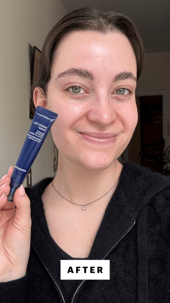 Felbin after applying the Innisfree Green Tea PDRN Bounce Booster Eye Lip Serum
